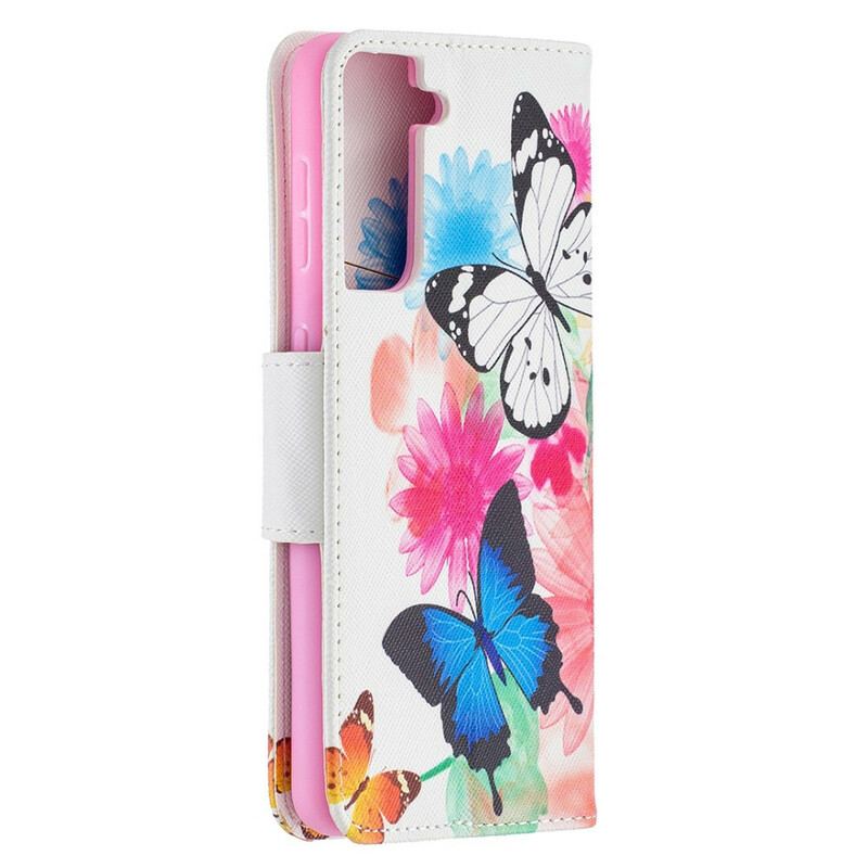 Capa Folio Para Samsung Galaxy S21 5G Borboletas E Flores Pintadas