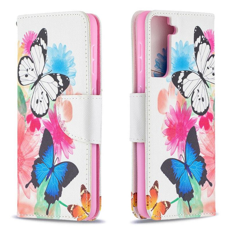 Capa Folio Para Samsung Galaxy S21 5G Borboletas E Flores Pintadas