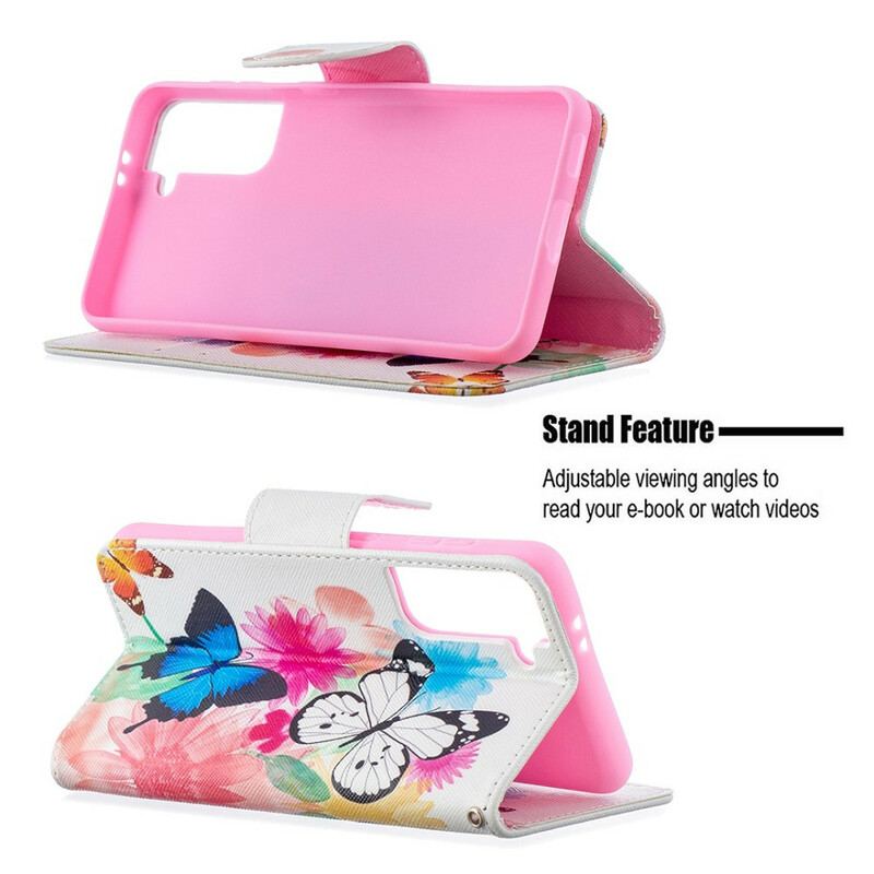 Capa Folio Para Samsung Galaxy S21 5G Borboletas E Flores Pintadas