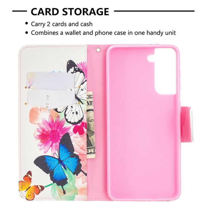 Capa Folio Para Samsung Galaxy S21 5G Borboletas E Flores Pintadas