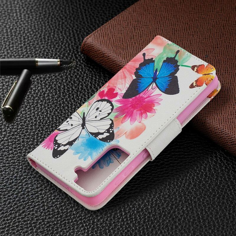 Capa Folio Para Samsung Galaxy S21 5G Borboletas E Flores Pintadas