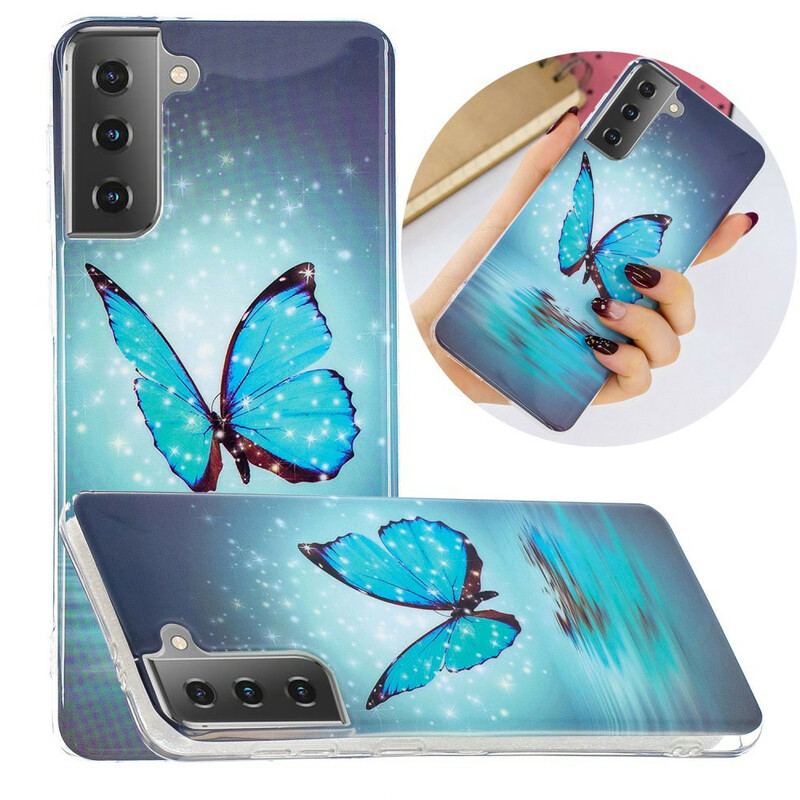 Capa Para Samsung Galaxy S21 5G Borboleta Azul Fluorescente