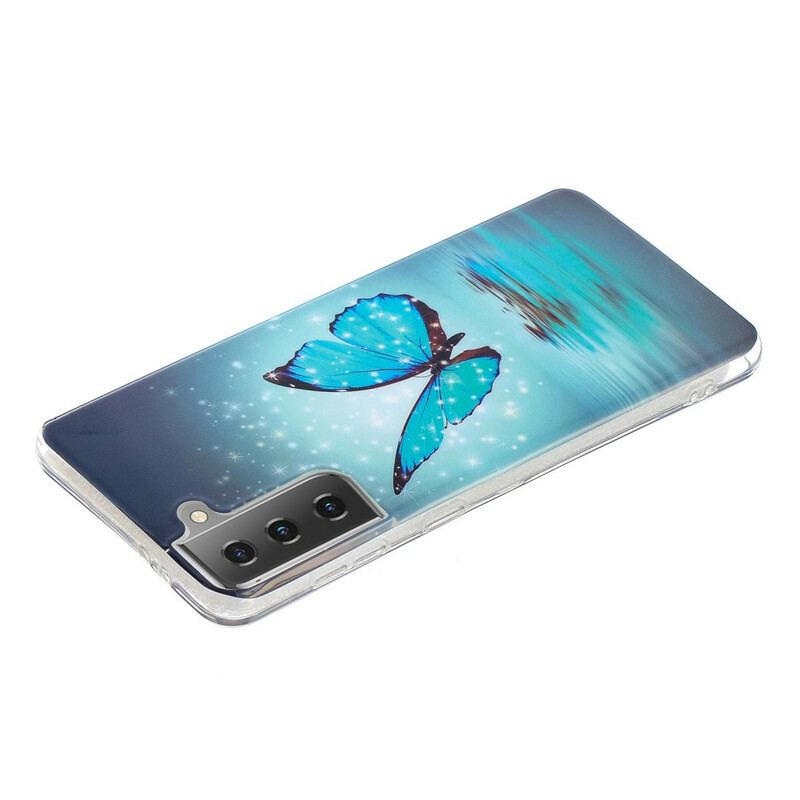 Capa Para Samsung Galaxy S21 5G Borboleta Azul Fluorescente