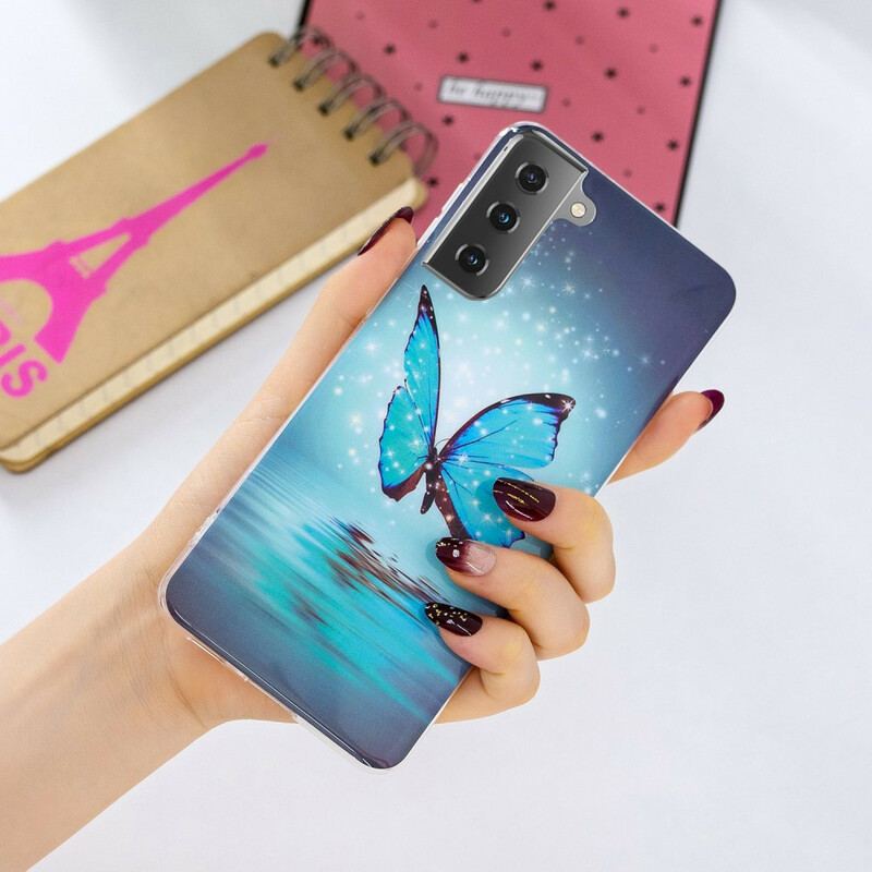 Capa Para Samsung Galaxy S21 5G Borboleta Azul Fluorescente