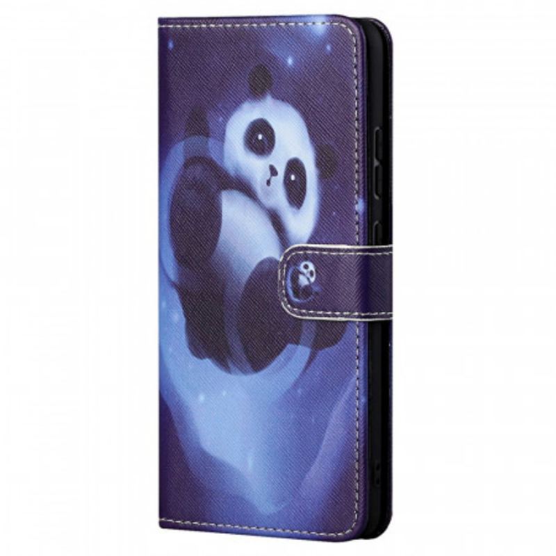 Capa De Couro Para Poco M4 Pro 5G De Cordão Espaço Panda Com Lanyard