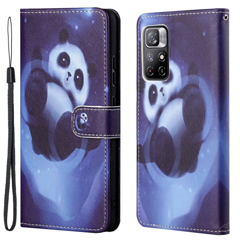 Capa De Couro Para Poco M4 Pro 5G De Cordão Espaço Panda Com Lanyard