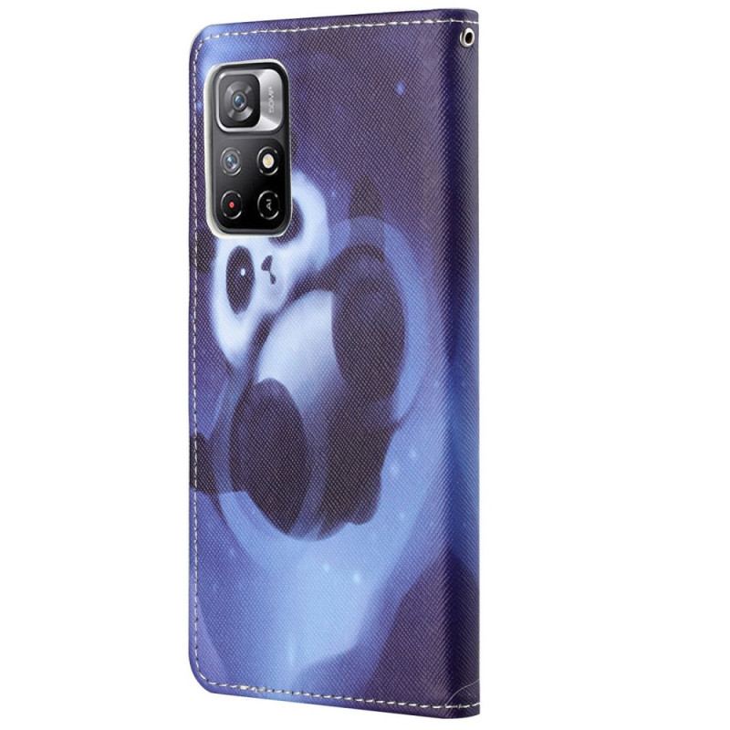 Capa De Couro Para Poco M4 Pro 5G De Cordão Espaço Panda Com Lanyard