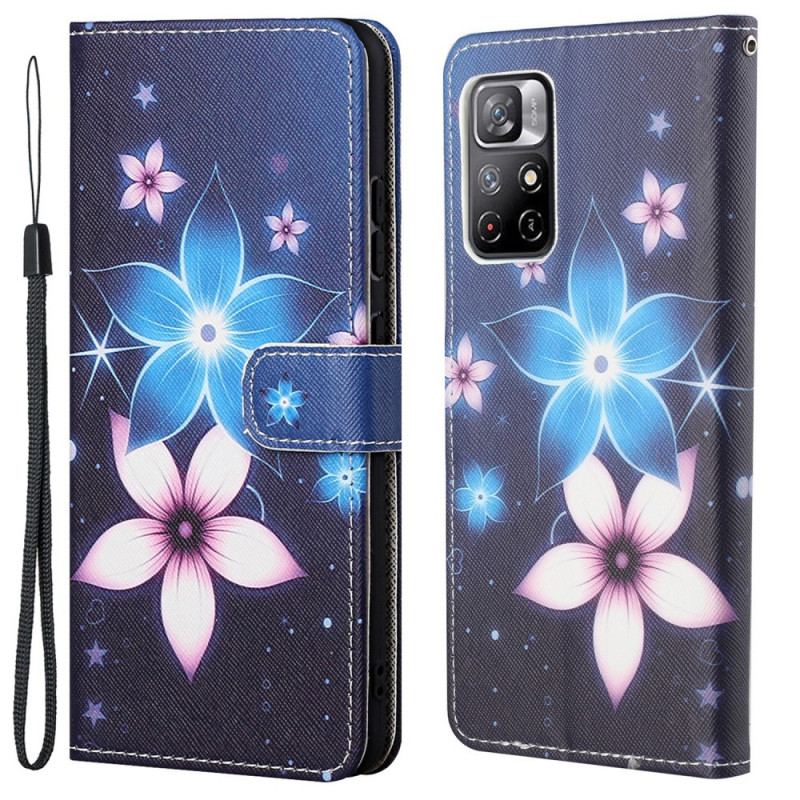 Capa Em Pele Para Poco M4 Pro 5G De Cordão Flores De Cinta Lunar