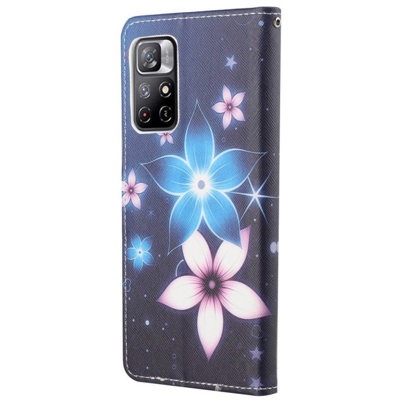 Capa Em Pele Para Poco M4 Pro 5G De Cordão Flores De Cinta Lunar