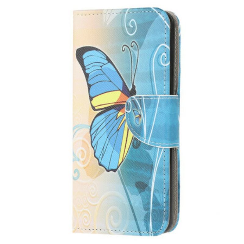 Capa Folio Para Samsung Galaxy A52 4G / A52 5G / A52s 5G Borboleta Azul E Amarela