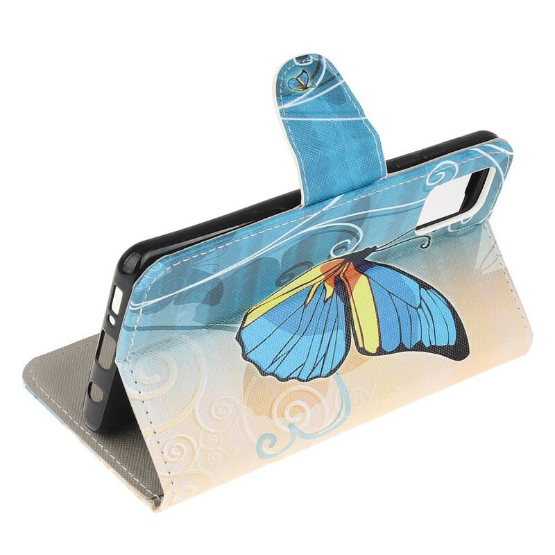 Capa Folio Para Samsung Galaxy A52 4G / A52 5G / A52s 5G Borboleta Azul E Amarela
