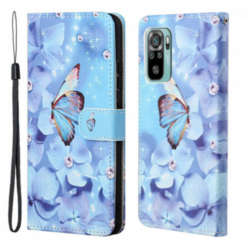 Capa De Couro Para Xiaomi Redmi 10 De Cordão Borboletas Strappy Diamond