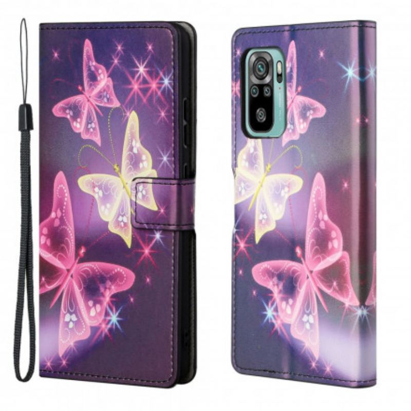 Capa De Couro Para Xiaomi Redmi 10 De Cordão Pulseira Borboletas E Flores