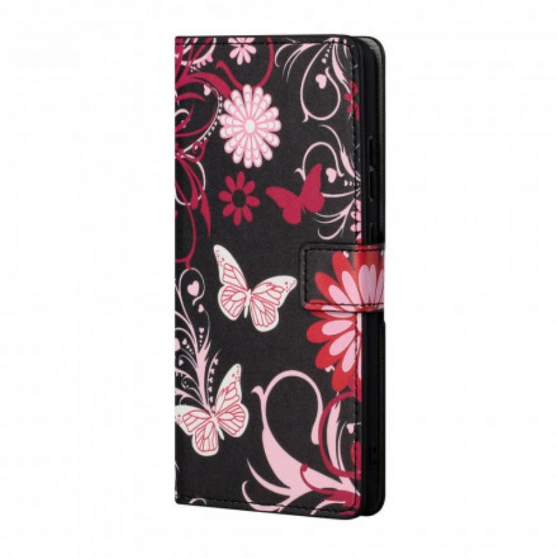 Capa De Couro Para Xiaomi Redmi 10 De Cordão Pulseira Borboletas E Flores