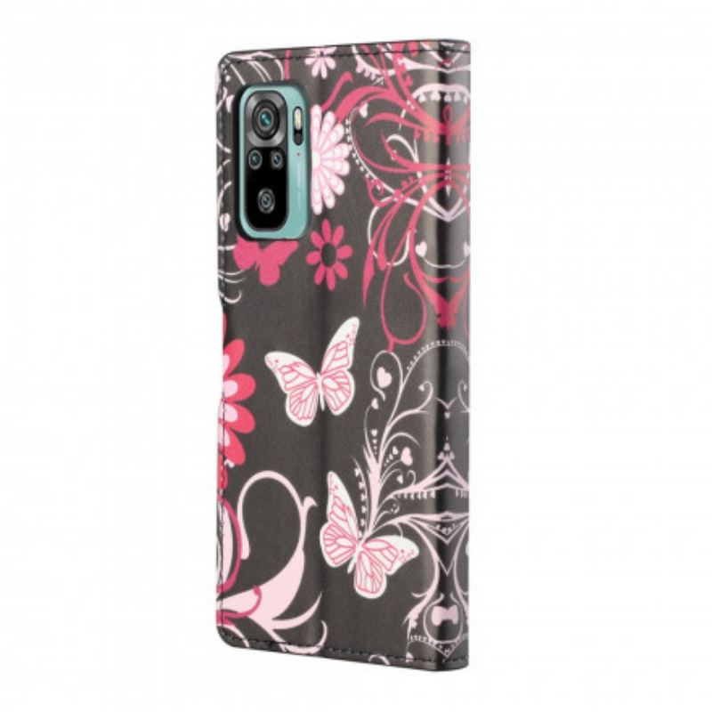Capa De Couro Para Xiaomi Redmi 10 De Cordão Pulseira Borboletas E Flores