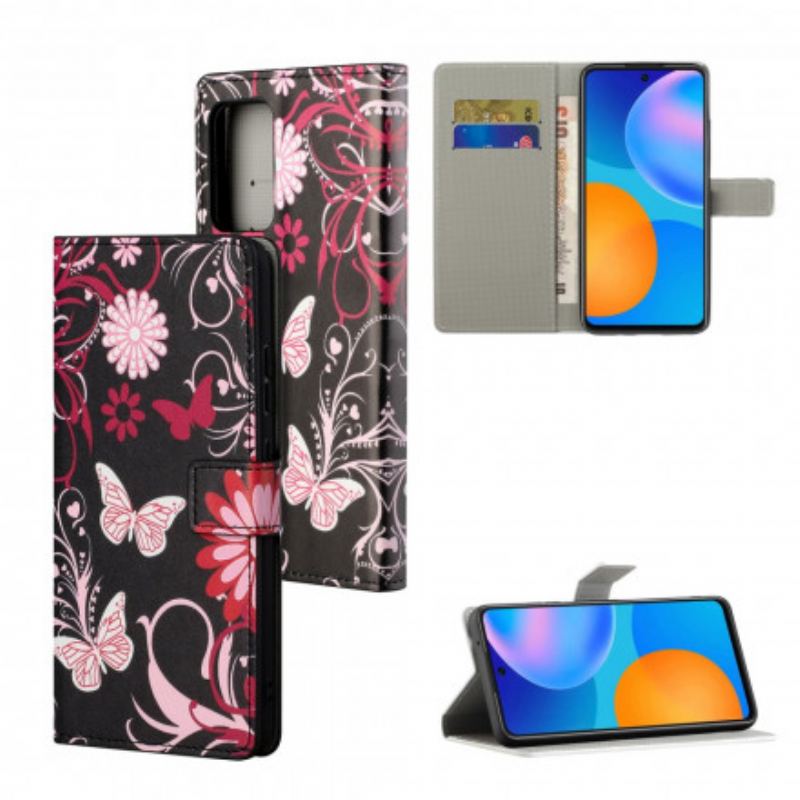 Capa De Couro Para Xiaomi Redmi 10 De Cordão Pulseira Borboletas E Flores