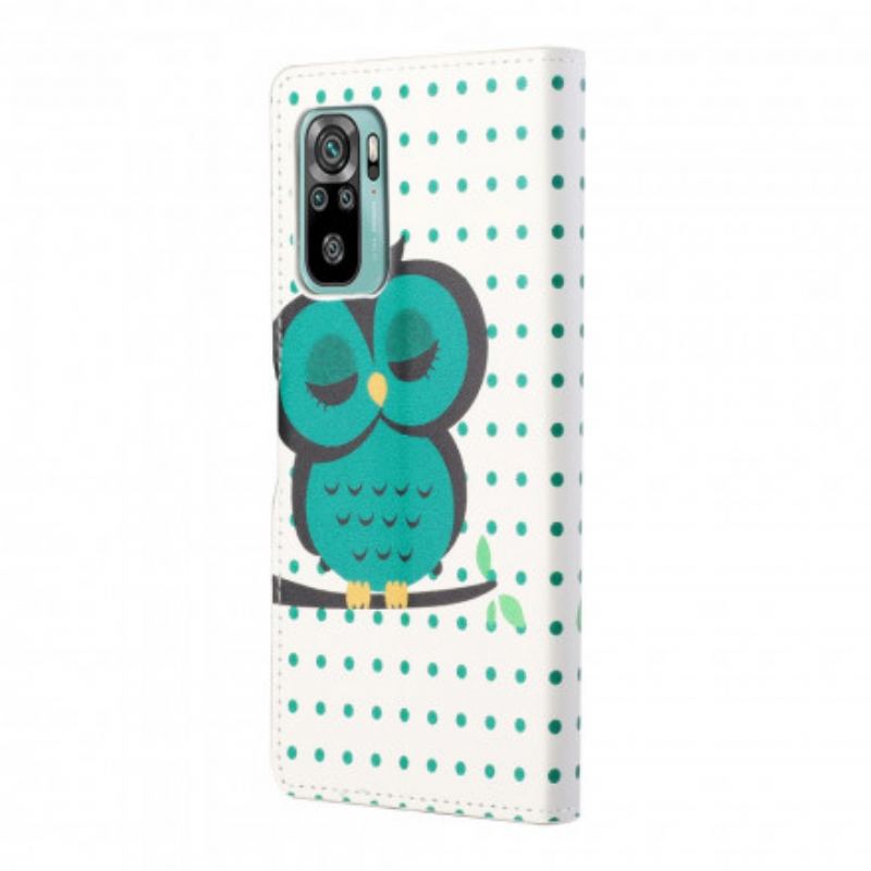 Capa Em Pele Para Xiaomi Redmi 10 De Cordão Coruja Adormecida Com Alça