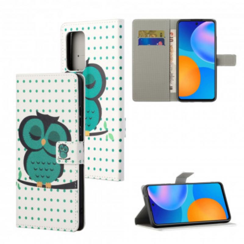 Capa Em Pele Para Xiaomi Redmi 10 De Cordão Coruja Adormecida Com Alça