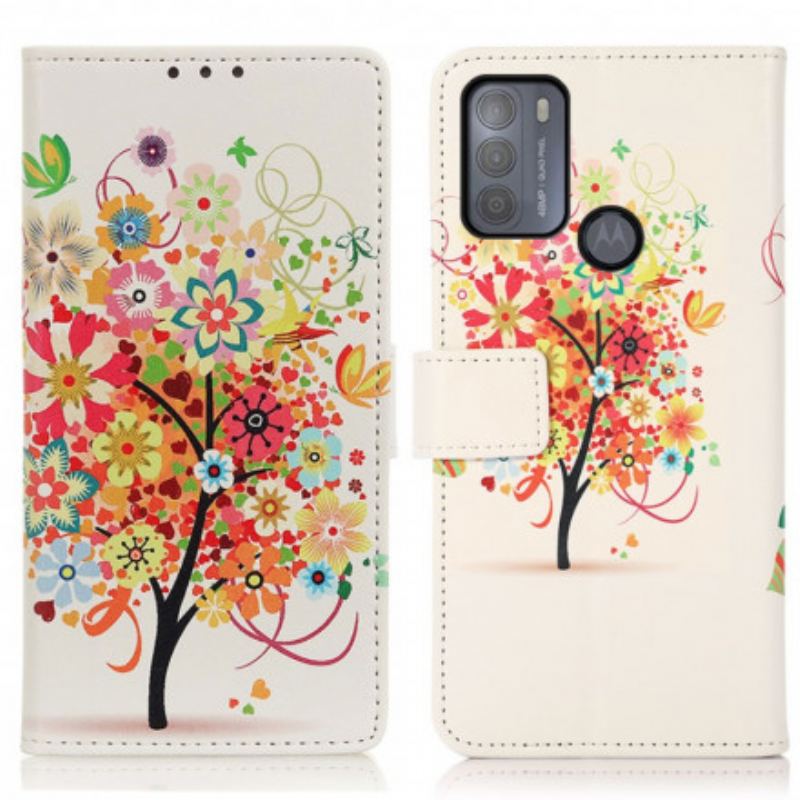 Capa De Couro Para Moto G50 Árvore Colorida