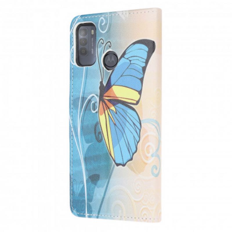 Capa De Couro Para Moto G50 Borboletas