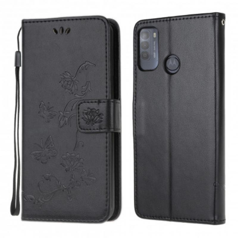 Capa De Couro Para Moto G50 De Cordão Pulseira Borboletas E Flores