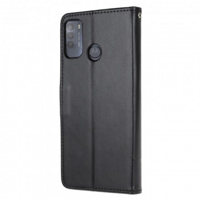 Capa De Couro Para Moto G50 De Cordão Pulseira Borboletas E Flores