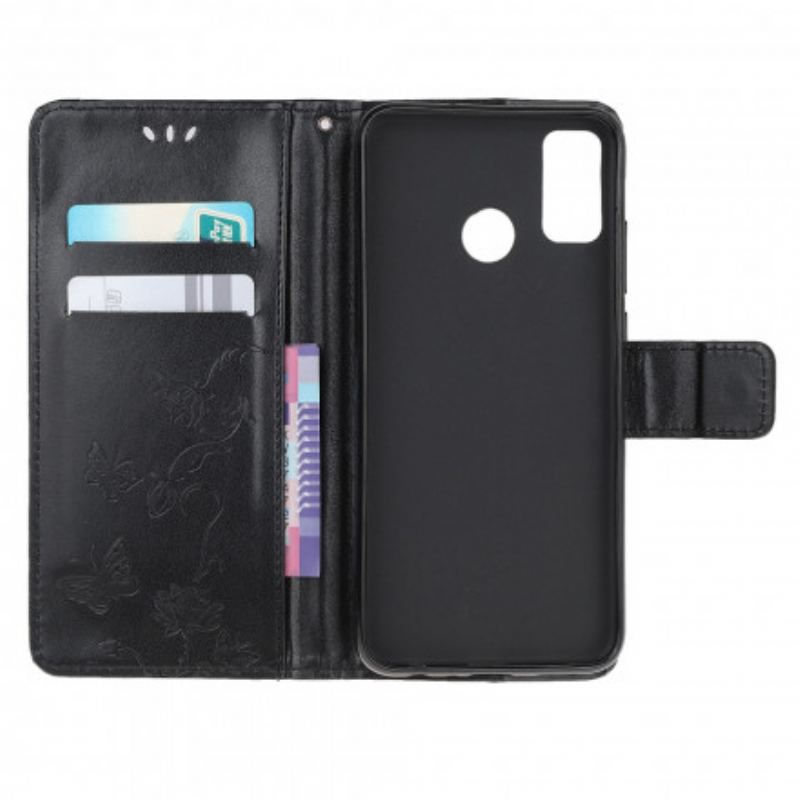 Capa De Couro Para Moto G50 De Cordão Pulseira Borboletas E Flores
