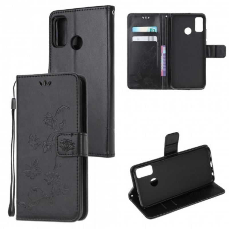 Capa De Couro Para Moto G50 De Cordão Pulseira Borboletas E Flores