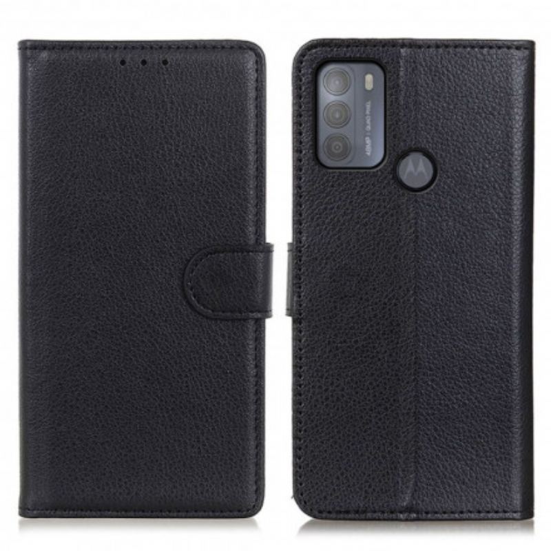 Capa Em Pele Para Moto G50 Couro Sintético De Lichia Tradicional