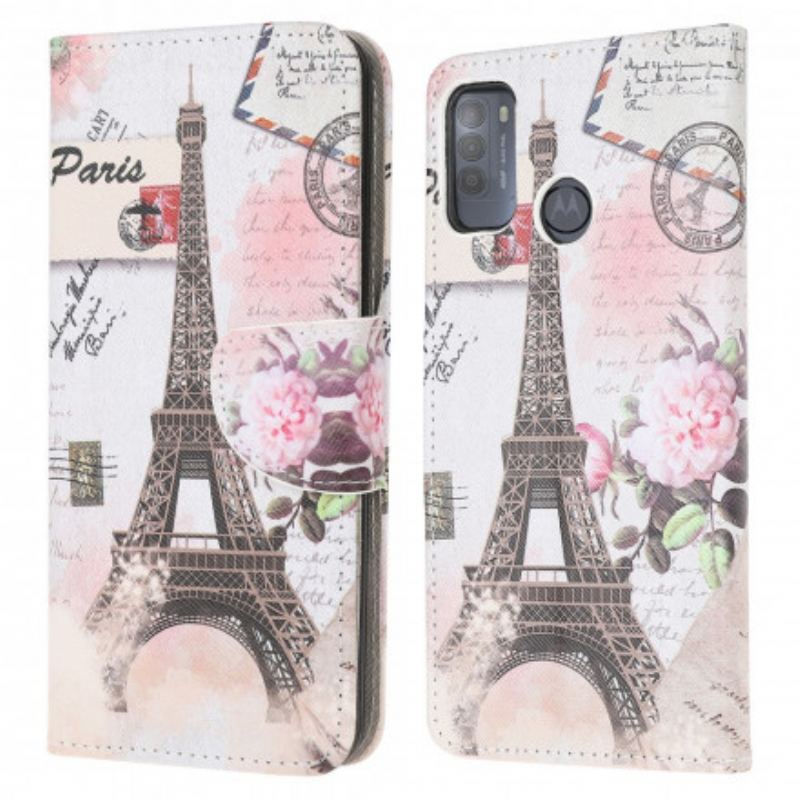 Capa Folio Para Moto G50 Torre Eiffel Retrô