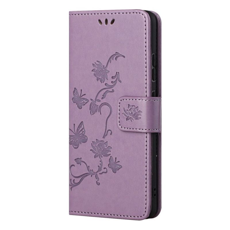 Capa Folio Para Samsung Galaxy M52 5G De Cordão Pulseira Borboletas E Flores