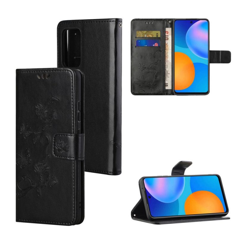 Capa Folio Para Samsung Galaxy M52 5G De Cordão Pulseira Borboletas E Flores