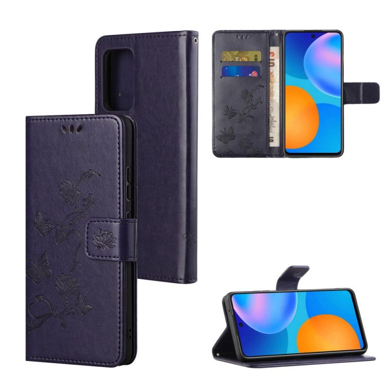 Capa Folio Para Samsung Galaxy M52 5G De Cordão Pulseira Borboletas E Flores