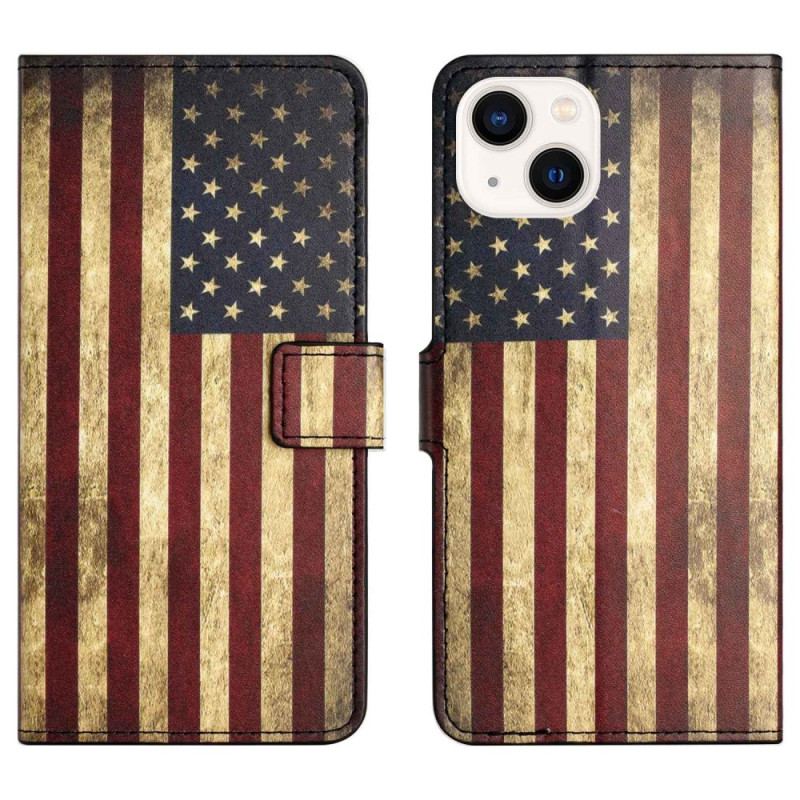 Capa De Couro Para iPhone 14 Bandeira Americana Vintage