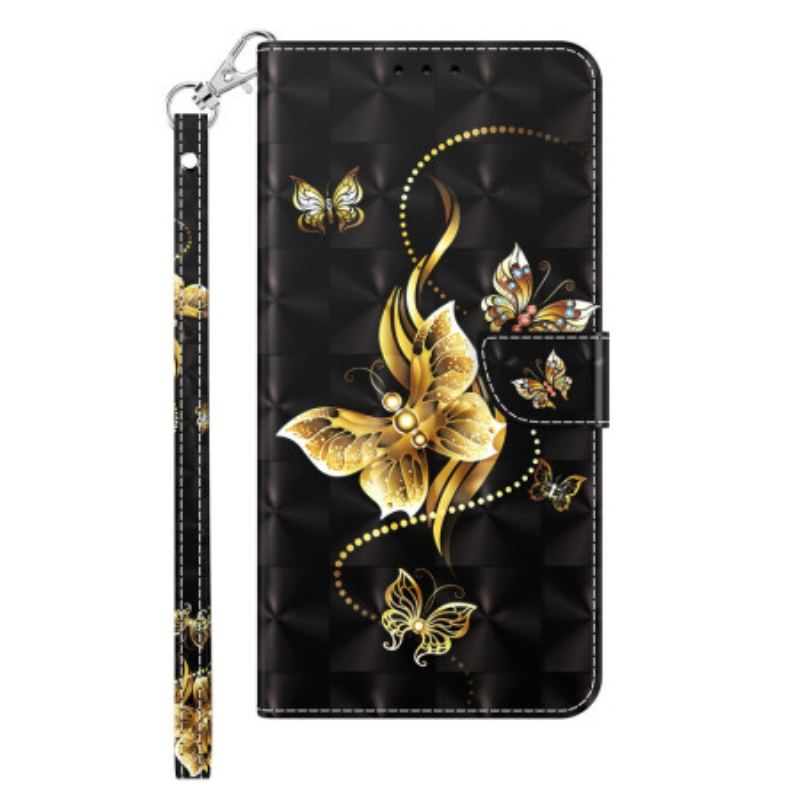 Capa De Couro Para iPhone 14 De Cordão Borboletas Douradas Com Alça