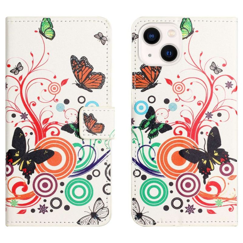 Capa Em Pele Para iPhone 14 Borboletas