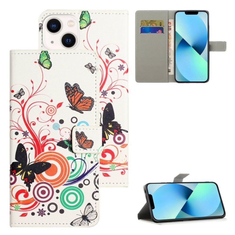 Capa Em Pele Para iPhone 14 Borboletas