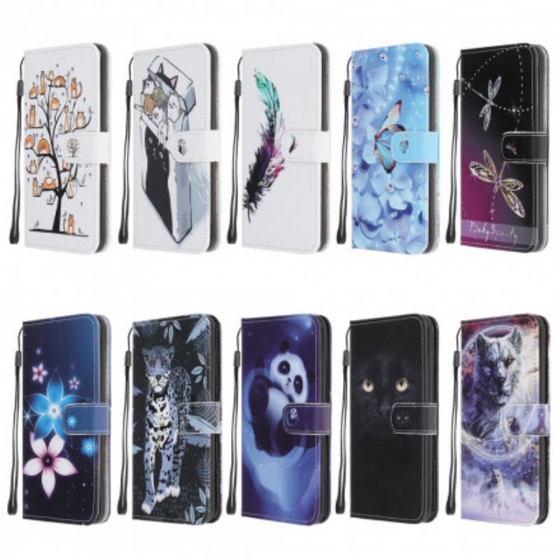 Capa De Couro Para Samsung Galaxy A32 5G De Cordão Flores De Cinta Lunar