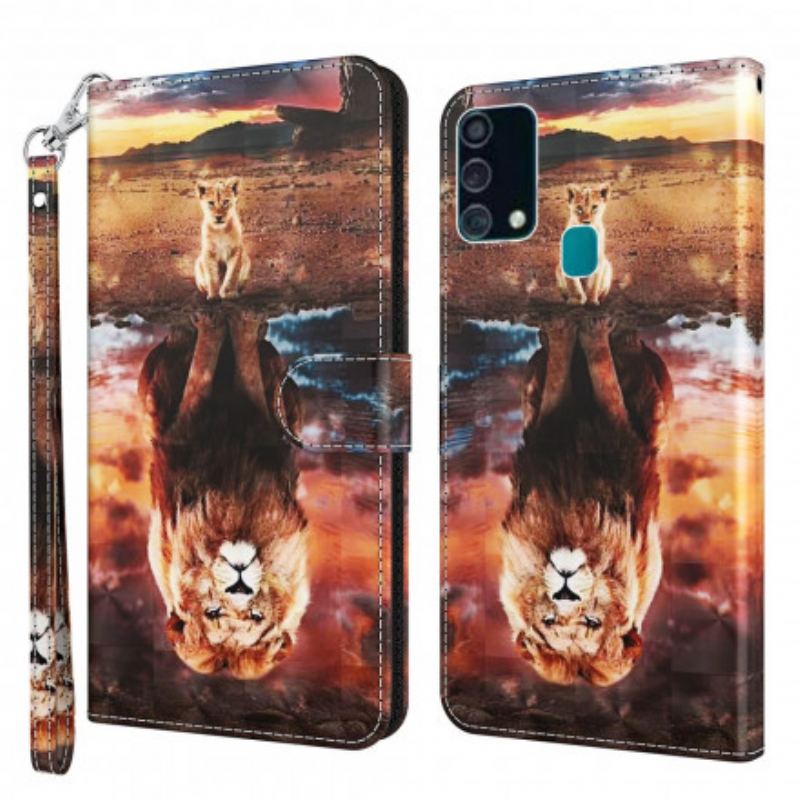 Capa De Couro Para Samsung Galaxy A32 5G Leão De Ponto De Luz Com Cordão