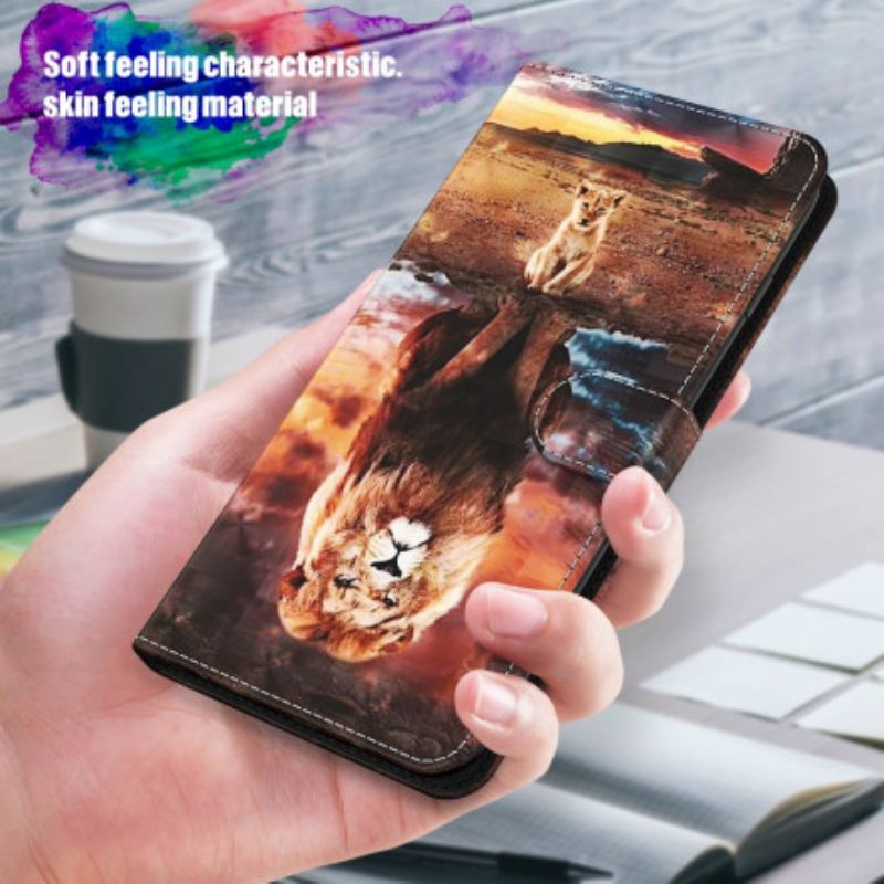 Capa De Couro Para Samsung Galaxy A32 5G Leão De Ponto De Luz Com Cordão