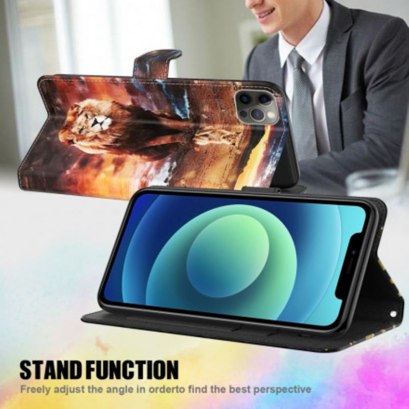 Capa De Couro Para Samsung Galaxy A32 5G Leão De Ponto De Luz Com Cordão