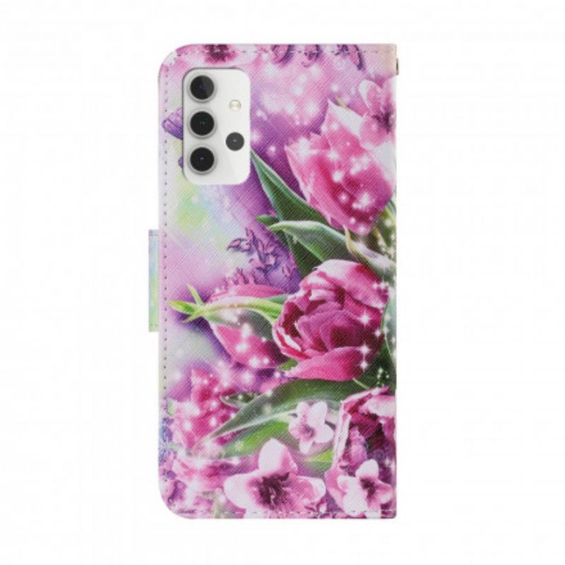 Capa Em Pele Para Samsung Galaxy A32 5G Borboletas E Tulipas