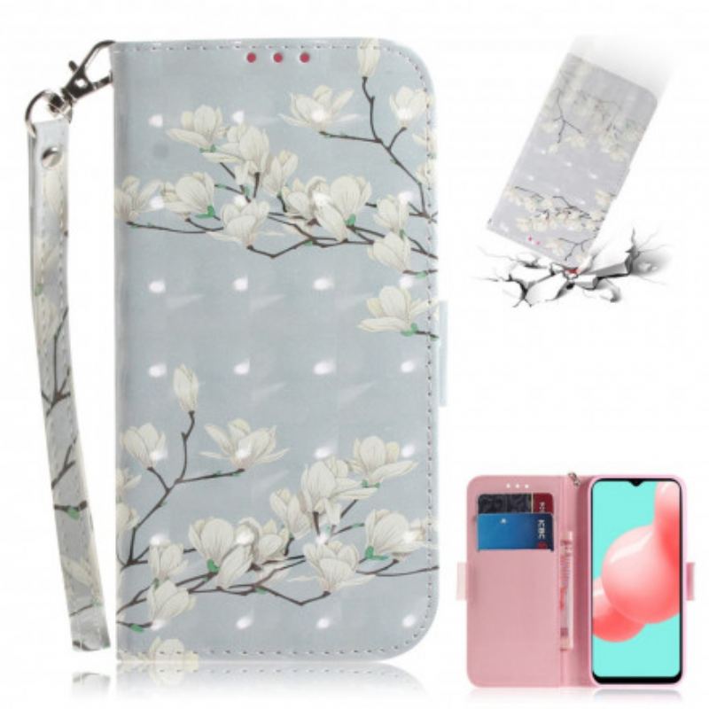 Capa Folio Para Samsung Galaxy A32 5G De Cordão Ramo Florido Com Alça