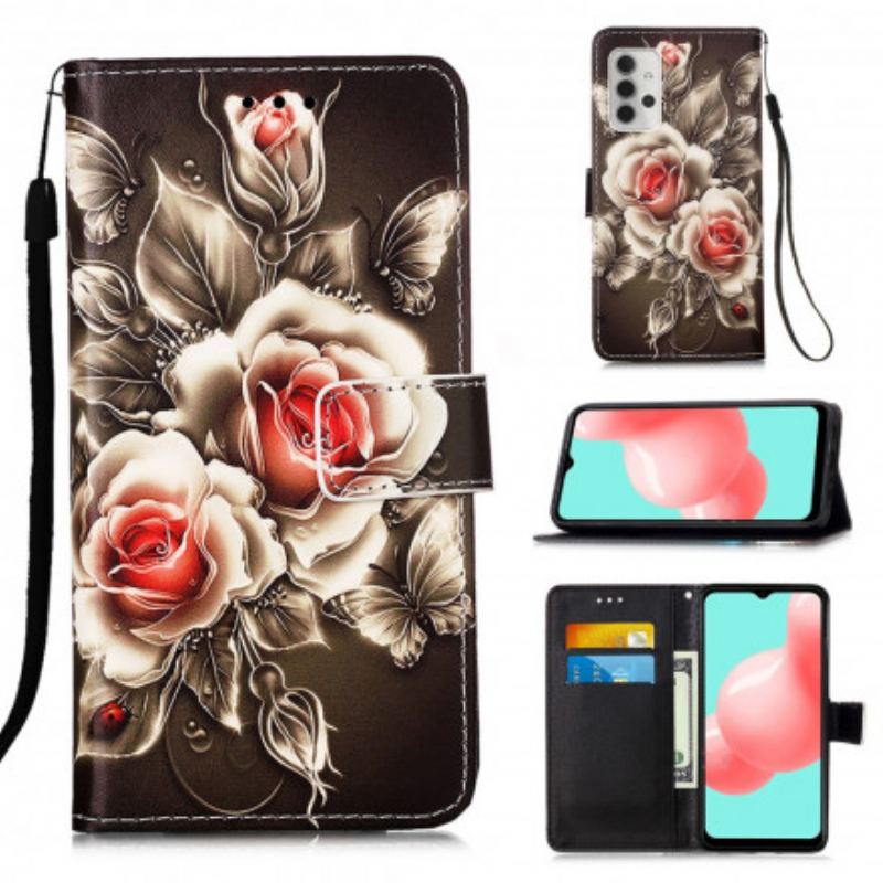 Capa Folio Para Samsung Galaxy A32 5G Rosas Douradas