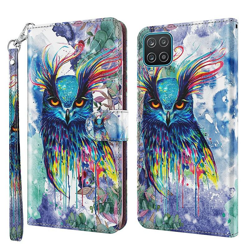 Capa De Couro Para Samsung Galaxy M12 / A12 Pássaro Aquarela