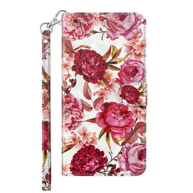 Capa De Couro Para Samsung Galaxy M12 / A12 Rosas Light Spot Com Cordão