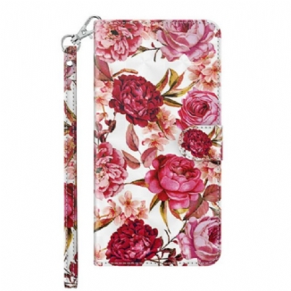 Capa De Couro Para Samsung Galaxy M12 / A12 Rosas Light Spot Com Cordão