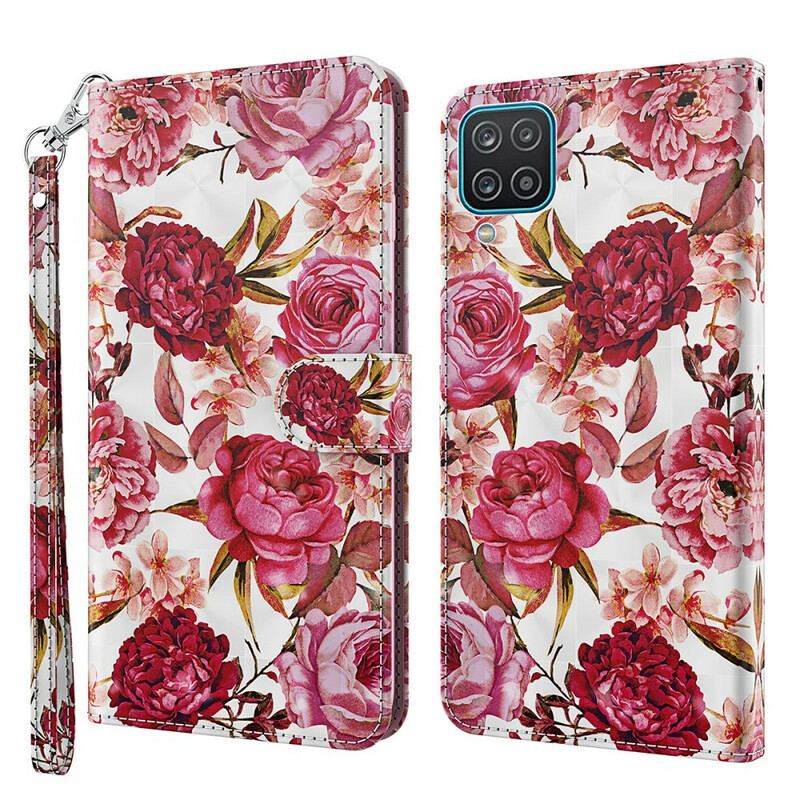 Capa De Couro Para Samsung Galaxy M12 / A12 Rosas Light Spot Com Cordão