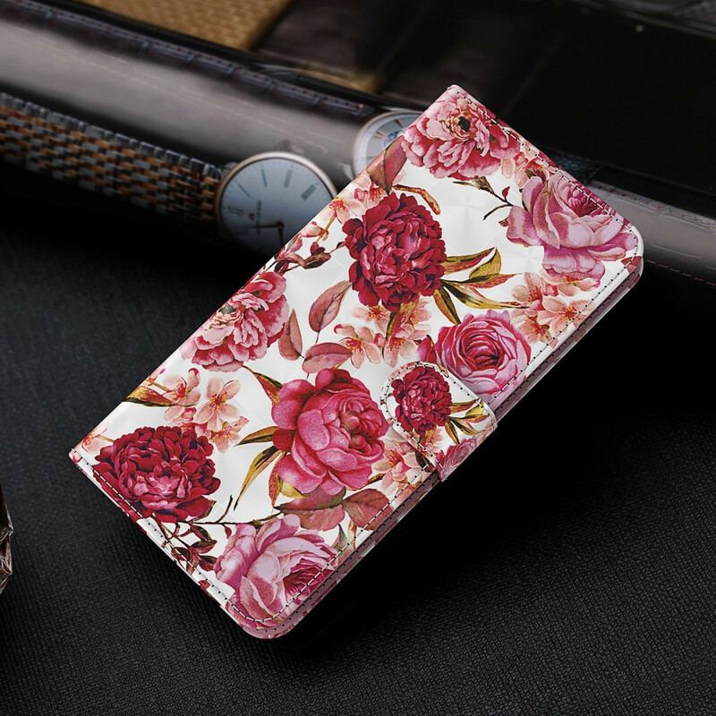 Capa De Couro Para Samsung Galaxy M12 / A12 Rosas Light Spot Com Cordão