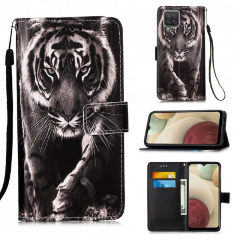 Capa De Couro Para Samsung Galaxy M12 / A12 Tigre Da Noite